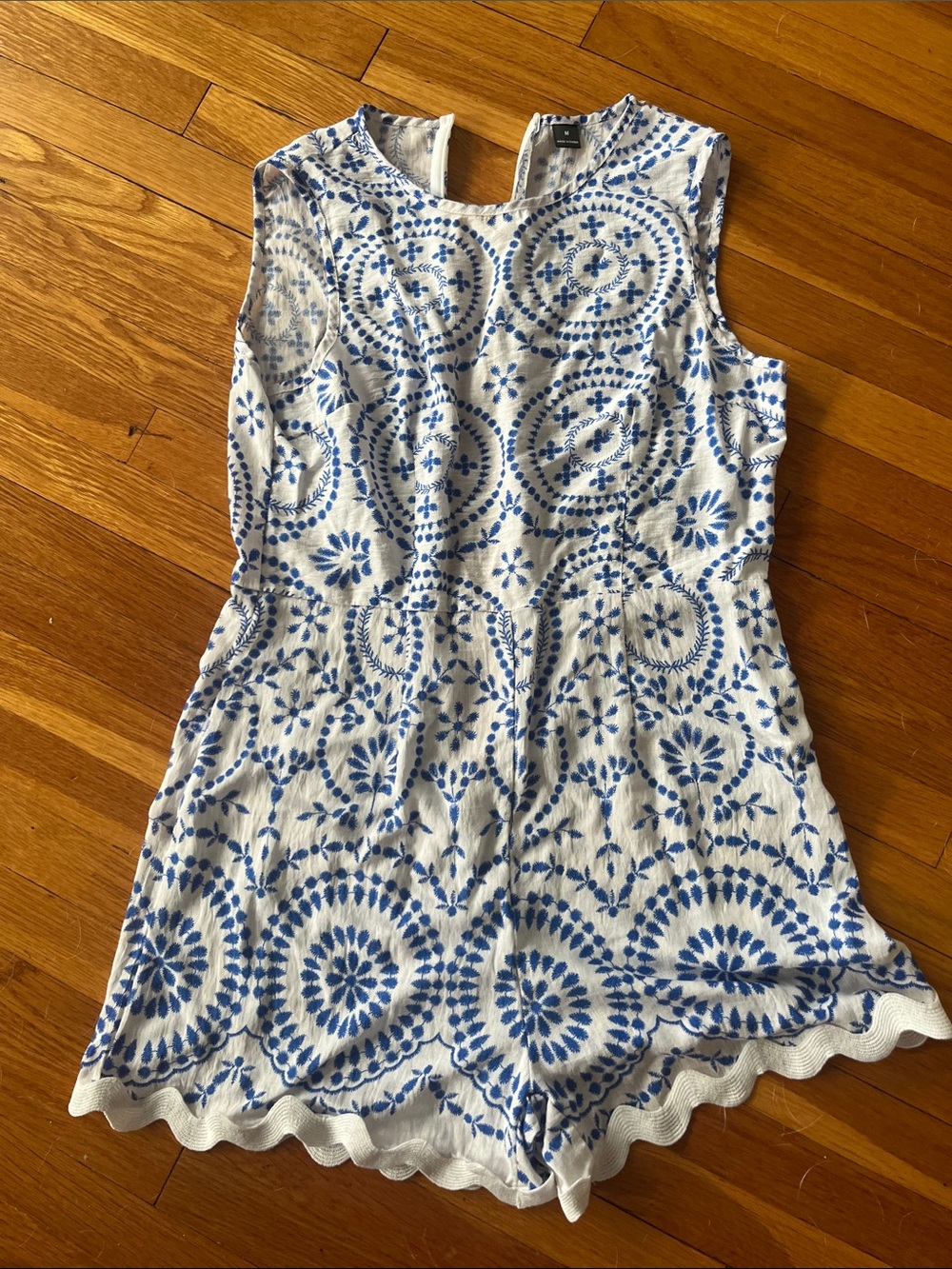 White Sleeveless Romper with Blue Medallion Print